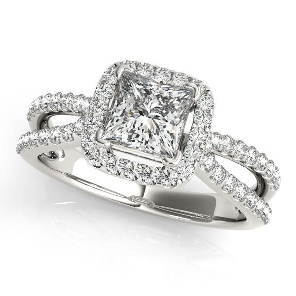 3/4 ct tw Halo Princess & Cushion Cut Engagement Ring with F Color VS Clarity GIA Certified Diamond